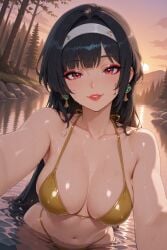 2025 ai_generated astra_yao bangs bare_shoulders bikini black_hair blush breasts cleavage collarbone earrings female female female_focus gold_bikini hairband halterneck hoyoverse jewelry large_breasts long_hair looking_at_viewer makeup mihoyo navel nsfw outdoors parted_lips partially_submerged red_eyes rognezart smile solo string_bikini sunset swimsuit tree water wet white_hairband yellow_bikini zenless_zone_zero