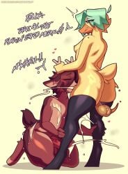 ambiguous_gender anatid anseriform anthro antler_grab antlers ash_(chaboifap) avian balls bird blue_hair blush bodily_fluids breasts brown_body brown_fur clothing cum cum_drip cum_in_mouth cum_inside cum_on_penis deer dialogue dripping duck duo ejaculation face_fucking female fur genital_fluids genitals hair hands_on_legs heart_eyes heart_symbol hi_res horn irrumatio kneeling legwear male male/female male_penetrated mammal onomatopoeia oral penetration penile penis penis_in_mouth sex sound_effects speech_bubble stockings sweat text youwannaslap