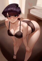 1girls 2d ai_generated ass bangs barefeet big_ass big_breasts black_hair bra breasts erophoenix female female_focus full_body komi-san_wa_komyushou_desu komi_shuuko looking_at_viewer looking_back navel nude pale_skinned_female panties patreon_username short_hair smile solo solo_female sweat thick thick_thighs uncensored underwear