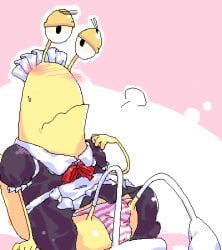 1boy adorable animification anthro apron ascot balls blush breath_cloud bulge bulge_through_clothing camp_lazlo cartoon_network cute digital_media_(artwork) dress feet frilled_dress frilled_skirt frilled_sleeves frills lifting lifting_skirt looking_at_viewer lowres maid maid_headdress maid_uniform male mollusk negiwave2000 oekaki pink_background puffy_short_sleeves puffy_sleeves shimapan simple_background slinkman snail solo striped_panties sweatdrop white_socks yellow_body yellow_skin
