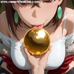 ai_generated ayase_momo ball_(object) brown_eyes brown_hair dandadan dress fur_trimmed_jacket jacket licking patreon patreon_url