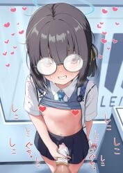 1boy absurdres aoto_mei black_hair blue_archive blue_halo blue_necktie blue_skirt brown_eyes censored censored_nipples clothes_lift collared_shirt commentary_request condom condom_wrapper cowboy_shot female flat_chest glasses glove_on_penis gloves grey_sweater_vest grin hair_ribbon halo handjob heart heart_censor highres holding holding_condom jacket looking_at_viewer millennium_science_school_student_(blue_archive) millennium_science_school_student_a_(blue_archive) miniskirt mosaic_censoring navel necktie one_side_up paid_reward_available parted_lips penis pleated_skirt pov pov_crotch ribbon round_eyewear shirt shirt_lift short_hair short_sleeves skirt smile solo_focus sound_effects standing straight sweat sweater_vest sweater_vest_lift variant_set white_gloves white_jacket white_shirt yellow_ribbon