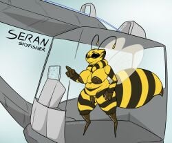 1futa 3_fingers antennae_(anatomy) anthro arthropod balls bee big_breasts big_nipples black_eyes breasts chubby_tummy fingers flaccid futa_only futanari genitals hi_res hymenopteran impishhyena insect_wings insects intersex magic nipples penis small_balls small_penis stinger thick_arms thick_thighs wings