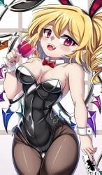 :d black_leotard bunny_ears bunny_girl bunnysuit doku_yanagi fangs flandre_scarlet holding_glass hourglass_figure leotard medium_breasts moudokuyanagi pantyhose sharp_teeth shortstack slender_waist small_waist thick_thighs touhou wide_hips wine_glass