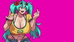 1girls animated animated big_breasts big_thighs blue_hair brazil brazilian brazilian_female brazilian_flag brazilian_miku breasts dancing dark_skin female female_only geulimykun_(skbyunea413) hatsune_miku huge_breasts shorts solo solo_female sunglasses tagme tanned tanned_female tanned_skin twintails vocaloid