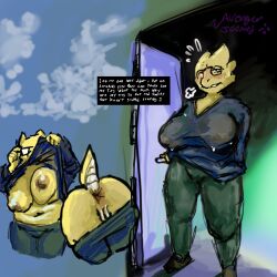 alphys anthro anus bodily_fluids bottomwear bottomwear_down breasts clothed clothing cloud doorway exposed_breasts eyelashes eyewear female genitals glasses hi_res nipples oregano outdoor_nudity pants pants_down partially_clothed shirt_up solo sweat sweaty_breasts translucent translucent_clothing undertale_(series) vulva wearing_glasses wet wet_clothing