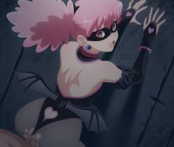 absurdres against_wall artist_name ass audirenze back bare_shoulders black_gloves black_leotard black_mask black_pantyhose black_wings boku_no_hero_academia clothing_cutout commentary earrings elbow_gloves eye_mask female fingerless_gloves gloves haneyama_kazuho heart heart_cutout heart_print highres jewelry leotard leotard_aside long_hair looking_at_viewer looking_back median_furrow my_hero_academia my_hero_academia:_vigilantes open_mouth pantyhose penis pink_eyes pink_hair pop_step sex sex_from_behind shoulder_blades solo_focus teen teenage_girl teenager torn_clothes torn_pantyhose twintails twitter_username uncensored vigilante:_my_hero_academia_illegals vigilante_-boku_no_hero_academia:_illegals- wings young younger_female