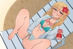 absurdres artificial_vagina barefoot beach_chair bikini blonde_hair blue_bikini blue_eyes blush bonnou_peace bow breasts collarbone commentary_request commission female flower frontal_wedgie glasses grin hair_flower hair_ornament highres id_card jacket long_sleeves looking_at_viewer m_legs medium_hair navel open_clothes open_jacket original pink_bow pink_nails pink_ribbon pussy pussy_juice pussy_peek ribbon sand sex_toy sidelocks skeb_commission small_breasts smile solo spread_legs swimsuit tenga twintails wedgie white_jacket