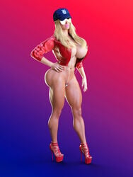 1girls 3d areola_slip barely_clothed barely_contained baseball_cap big_breasts bimbo blonde_hair bubble_butt bursting_breasts busty female hand_on_hip hat heels high_heels hourglass_figure huge_ass huge_breasts large_breasts micro_bikini muscular_thighs p1nups pink_lips pose red_jacket sling_bikini solo sunglasses thick_thighs wide_hips