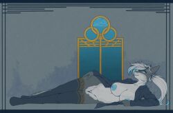 2025 absurd_res anthro areola big_breasts blue_eyes breasts business_suit clothed clothing digital_media_(artwork) equid equine fan_character female fish genitals glowing glowing_genitalia glowing_nipples hair hasbro hi_res horse huge_breasts hybrid jacket lacera_viscera legwear lying mammal marine my_little_pony nipples on_side pony ponytail shark sharp_teeth simple_background smile solo stockings stray_prey suit tail teeth thigh_highs topwear unbuttoned white_hair wide_hips