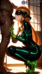 1boy ahoge ai_generated belt blush bodysuit boots breasts caressing_testicles censored cleavage clothed_female_nude_male cum cum_in_mouth cum_overflow cumdrip dark-skinned_male dark_skin elbow_pads erection fellatio female from_side gloves goggles green_footwear green_gloves hand_on_another's_head heart indoors interracial knee_pads long_hair male_pubic_hair medium_breasts meitabuu mosaic_censoring nude oral orange_hair penis persona persona_5 pubic_hair pussy_juice pussy_juice_puddle sakura_futaba saliva sliding_doors solo_focus squatting straight stray_pubic_hair sweat testicles thigh_strap tiptoes