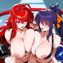 2girls ai_generated akeno_himejima blush breast_press breast_to_breast erect_nipples females_only girlfriends high_school_dxd huge_areolae huge_breasts lesbian_couple open_mouth racerai rias_gremory rias_x_akeno sweat voluptuous_female wife_and_wife yuri yuri yuri