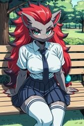 ai_generated anthro bored breasts createaifurry.com creatures_(company) earrings game_freak hi_res medium_ass medium_breasts nintendo nipple_outline nipples park pokemon pokemon_(species) sitting_on_bench skirt solo_anthro solo_female thigh_highs tie toto_draw uniform voluptuous_female zoroark