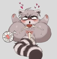1boy after_anal after_vaginal animal_ears batrobin_k blue_eyes cum cum_in_pussy domino_mask female fertilization furry furry_female grey_background highres mask original ovum pawpads raccoon raccoon_ears raccoon_girl raccoon_tail short_hair simple_background sperm_cell tail