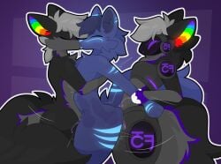 anal anal_knotting anal_sex andromorph andromorph/male animal_genitalia animal_penis anthro armor blue_body blue_fur bodily_fluids breastplate canid canine canine_genitalia canine_penis canis clone cum cum_inside digital_media_(artwork) double_knotting double_penetration fruit_(fruit-wolf) fur genital_fluids genitals greaves grey_body grey_fur grey_hair group group_sex hair headgear hi_res highlights_(coloring) intersex intersex/male keryel knot knotting machine male male/male male_penetrating mammal multicolored_ears penetration penis protogen purple_eyes purple_highlights purple_penis rainbow_ears sex simple_background smile stomach_bulge tail trio trio_focus vaginal_knotting vaginal_penetration vaginal_penetration visor wolf