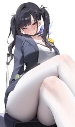 1girl 2d 2d_(artwork) 2d_artwork :3 ass big_breasts black_choker black_hair blush blush_lines breasts choker cleavage closed_mouth clothed collarbone crossed_legs dress ear_accessory eyes_half_closed fanart female female_focus female_only goddess_of_victory:_nikke head_tilt highres id_card jacket jewelry legs_crossed long_hair looking_at_viewer looking_down looking_down_at_viewer money mouth_closed nikku_nana no_background no_sex office_clothing open_clothes open_jacket pantyhose red_eyes sfw shirt sitting sitting_female skirt smile smiling smiling_at_viewer solo solo_female solo_focus sora_(nikke) suggestive suit_jacket suitcase tilted_head twintails two_tone_shirt white_background white_pantyhose white_shirt white_stockings year_request