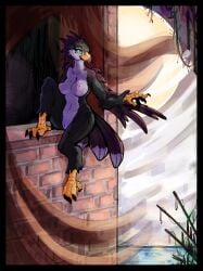 2025 absurd_res anthro avian beak bird breasts brick_wall digital_media_(artwork) feathered_wings feathers feet female genitals hi_res looking_up monad_(monadbirb) navel nipples nude outside pussy savielle sitting smile solo tail talons toes vulva wall_(structure) wings