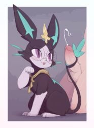 1boy :3 animal_focus animal_sexualization balls bandana bandana_around_neck border claws closed_mouth cum ejaculation erection fangs fangs_out feline full_body fur furry glasses grey_background hand_up happy highres kekitopu league_of_legends looking_at_another looking_back outside_border paw_pose penis pince-nez projectile_cum purple_eyes round_eyewear simple_background sitting smile solo_focus tail tailjob testicles tongue tongue_out veins veiny_penis white_border yellow_bandana yuumi_(league_of_legends) zoophilia