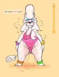 2020 absurd_res anthro areola areola_visible_through_clothing aroused blush bodily_fluids bottom_heavy breasts breath brown_eyes canid canine canis cleavage clothed clothing domestic_dog edging exercise_clothing female floppy_ears front_view fur genital_fluids hi_res kaboozey leotard mammal meter navel nipples one_breast_out panting penetration pink_clothing pink_leotard poodle poofy_hair pooh_(kaboozey) pubes pussy sex_toy sex_toy_in_vagina sex_toy_insertion simple_background solo tail thick_thighs translucent translucent_clothing vaginal_fluid_string vaginal_fluids vaginal_fluids_on_ground vaginal_fluids_on_leg vaginal_penetration vibrator vibrator_in_vagina white_body white_fur wide_hips