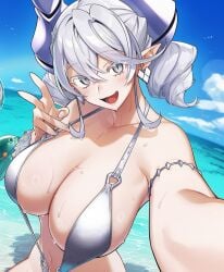 ai_generated beach_background bikini breasts demon demon_girl demon_horns duel_monster earrings edit focus hi_res huge_breasts junxia konami labrynth_of_the_silver_castle looking_at_viewer lovely_labrynth_of_the_silver_castle princess queen silver_eyes smile sweat thighs twintails voluptuous white_hair yu-gi-oh!