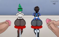 2boys 2d 2girls asian asian_female ass_focus big_ass big_butt blizzard_entertainment brown_hair bubble_butt cock color colored d.va dark-skinned_male dark_skin digital_art drawing erection female green_hair hana_song hd hi_res japanese_female jeoh2020 kiriko_(overwatch) kiriko_kamori korean_female masturbation no_nude overwatch overwatch_2 signature stool voluptuous voluptuous_female watermark