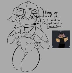 1girls breasts cap digital_drawing_(artwork) english_text female female_only flat_chest ghostbacon looking_at_viewer mcdonald's nipples pussy reference_image request roblox roblox_avatar robloxian self_upload shirt_lift sketch small_breasts solo speech_bubble tagme text thighs work_uniform