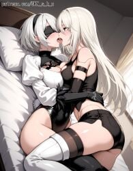 2girls ai_generated ass bangs bare_shoulders bed bed_sheet black black_blindfold black_dress black_gloves black_hairband black_legwear black_leotard black_shirt black_shorts black_tank_top black_thighhighs blindfold blue_eyes blush bodily_fluids boots breast-to-breast breast_press breasts cleavage cleavage_cutout clothing clothing_cutout covered_eyes covered_navel dress elbow_gloves eyewear feather-trimmed_sleeves female footwear french_kiss gloves hairband headwear highleg highleg_leotard indoors joints juliet_sleeves kissing large_breasts legwear leotard lips long_hair long_sleeves looking_at_another lying mole mole_under_mouth multiple_girls navel nier:_automata nier_(series) on_back on_bed open_mouth parted_lips pillow puffy_sleeves robot_joints saliva saliva_trail shirt short_hair short_shorts shorts skindentation skn_(skn_s_k_n) symmetrical_docking tank_top thick_thighs thigh_boots thighhighs thighhighs_under_boots thighs tongue tongue_out white_footwear white_hair white_leotard yorha_2b yorha_a2 yuri