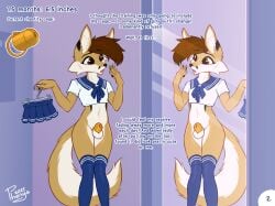 2025 anthro balls bottomwear canid canine chastity_cage chastity_device clothed clothing countershading crossdressing femboy feminization fox genitals hi_res inner_ear_fluff legwear male male_only mammal mirror penis penis_shrinking phenyanyanya reflection skirt solo speech_bubble stockings tail tuft