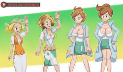 2019 2girls age_progression alternate_breast_size aurea_juniper bianca_(pokemon) blonde_hair breast_expansion breasts brown_hair cleavage clothed curvy deviantart female female_only green_eyes huge_breasts human large_breasts looking_away looking_down milf nintendo patreon pokemon pokemon_bw pokemon_bw2 pokemon_professor small_breasts standing text thatfreakgivz transformation transformation_sequence watermark