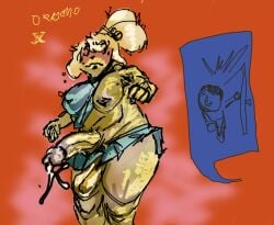 animal_crossing anthro balls bodily_fluids breasts clothing door embarrassed exposed_breasts genital_fluids genitals herm hi_res intersex isabelle_(animal_crossing) leaking_precum musk nintendo oregano precum saggy_balls solo steam surprised_expression sweat thick_thighs villager_(animal_crossing) wardrobe_malfunction