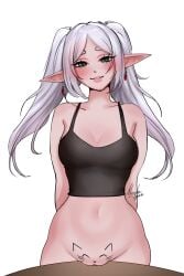 1girls blush bottomless cat_drawn_on_pussy do_you_want_to_pet_my_cat_(meme) drawing_on_body elf elf_ears exposed_pussy flat_stomach frieren humping light-skinned_female light_skin magic_user magical_girl meylin_tyan pointy_ears pressing_against pubic_mound pussy pussy_focus pussy_peek rimming solo sousou_no_frieren stomach table table_humping tank_top_lift trend twintails white_hair