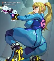1girls ai_generated ass blonde_hair blue_bodysuit blue_eyes bodysuit breasts clenched_teeth female female_only gun holding_gun kamixxx long_hair metroid nintendo ponytail rizdraws_(ai_style) samus_aran solo solo_female zero_suit zero_suit_samus