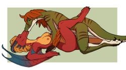 anthro breasts claws dinosaur dragon dromaeosaurid duo european_mythology eztli_(user_55) feathers feet female female/female from_front_position green_body hair hi_res horn kissing lying melody_(user_55) missionary_position morgdl mythological_creature mythological_scalie mythology nipples non-mammal_breasts nude on_back prehistoric_species red_body reptile scales scalie sex smile stripes tail theropod velociraptor western_dragon wings wyvern