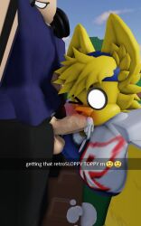 3d blowjob blush canine dog_girl english_text face_not_visible furry furry_female human male/female nekomaniaa noob penis phone_view roblox roblox_avatar robloxian self_upload yellow_fur