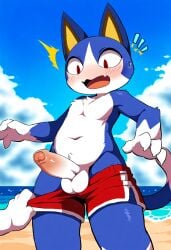 ai_generated animal_crossing assisted_exposure beach embarrassed embarrassed_nude_male ghost_hands nintendo penis penis_out public public_nudity rover_(animal_crossing) swimming_trunks swimwear