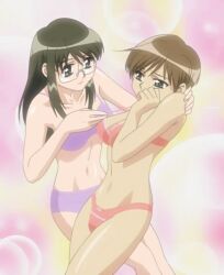 2girls bra bra_only brown_eyes brown_hair closed_eyes female glasses koi_koi_7 lavender_bra lavender_panties leaning_on_person light-skinned_female light_skin long_hair official_art panties panties_only pink_bra pink_panties pulling_bra purple_bra purple_panties satou_subaru screencap screenshot shiny_background shiny_eyes short_hair sparkling_background stitched underwear underwear_only yamada_isuzu yuri