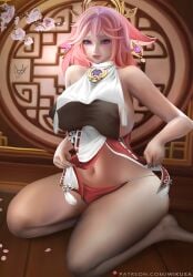 1girls genshin_impact kneeling narrow_waist solo tagme wide_hips wikusa yae_miko