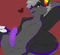anthro balls big_balls big_penis big_tail blep canid canine canis erection fruit_(fruit-wolf) genitals grey_body grey_hair hair hand_behind_head heart_symbol highlights_(coloring) humanoid_genitalia humanoid_penis lobo_nsfw looking_at_viewer male mammal multicolored_ears penis presenting purple_eyes purple_highlights purple_nose purple_penis purple_tongue rainbow_ears simple_background smile solo tail tongue tongue_out white_fingers wolf