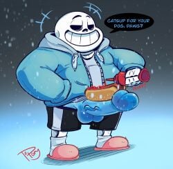1boy 2025 animated_skeleton anterior_nasal_aperture balls black_bottomwear black_clothing black_shorts blue_balls blue_clothing blue_glans blue_hoodie blue_penis blue_topwear bone bottomwear clothing dialogue english_text erection food footwear genitals glans grin half-closed_eyes hand_in_pocket hi_res holding_object hoodie hot_dog hot_dog_bun humanoid humanoid_genitalia humanoid_penis ketchup male male_only meat narrowed_eyes penis pink_slippers pockets sans sausage shoes shorts skeleton slippers smile snow socks solo sound_effects standing teeth text topony topwear undead undertale undertale_(series) vein veiny_penis