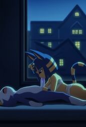ai_generated animal_crossing ankha ankha_(animal_crossing) bed blowjob clothed_female_nude_male female indoors male nintendo nude penile_penetration penis penis_in_mouth pleasure_face rover_(animal_crossing)