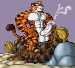 2boys abs biceps blonde_hair ear_ring feline gay gay_anal gay_male gay_sex hair male male/male male_only muscles muscular muscular_arms muscular_legs muscular_male muscular_thighs pecs penis stripes tiger