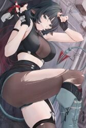 1girls against_wall black_hair black_shirt black_shorts breasts cafenami cropped_shirt female highres jane_doe_(zenless_zone_zero) large_breasts long_hair see-through_cleavage see-through_clothes shirt shorts solo standing standing_on_one_leg zenless_zone_zero