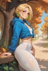 1boy 1femboy 2025 ai_generated alternate_version_available blonde_hair blush bulge crossdressing enya_diz eyebrows eyelashes eyeshadow feminine_male girly green_eyes looking_at_viewer male outdoors outside pants park solo solo_focus sports_bra sports_uniform sportswear thick_thighs thighs trap yoga_pants
