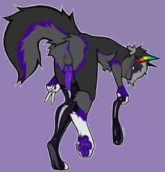 anthro anus ass balls bent_over big_tail blush canid canine canis clothing feet foot_focus fruit_(fruit-wolf) fur genitals gesture grey_body grey_hair hair hand_gesture hi_res highlights_(coloring) latex latex_clothing latex_legwear latex_stockings legwear male mammal multicolored_ears nude penis perineum presuk purple_anus purple_highlights purple_paws purple_penis rainbow_ears raised_leg raised_tail simple_background smile solo stockings tail v_sign white_fingers wolf