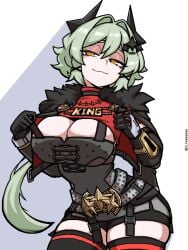 1girls 3:4 belt big_breasts boob_window breasts caesar_king cords female fur gloves green_hair hair_ornament horn ji_heeeeeee light-skinned_female light_skin looking_at_viewer metal_parts ornament posing shadow short_hair signature simple_background smug smug_face stylized thigh_gap uniform yellow_eyes zenless_zone_zero