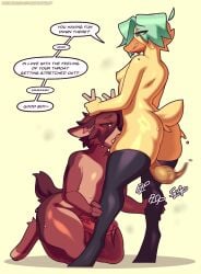 ambiguous_gender anatid anseriform anthro antler_grab antlers ash_(chaboifap) avian balls bird blue_hair blush bodily_fluids breasts brown_body brown_fur clothing deer dialogue dripping duck duo face_fucking female fur genital_fluids genitals hair hands_on_legs hi_res horn irrumatio kneeling legwear male male/female mammal onomatopoeia oral penile penis_in_mouth precum precum_drip sex sound_effects speech_bubble stockings sweat text youwannaslap