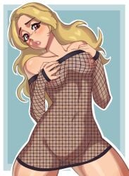 1girls 2025 areolae artist_name artist_signature belly_button blonde_hair blush breasts collarbone commission female female_only fishnet_armwear fishnet_clothing fishnet_topwear fishnets hand_on_own_breasts light-skinned_female light_skin lilith_(lillithofthevale) long_hair looking_at_viewer medium_breasts mostly_nude mostly_nude_female nipples original original_character pussy red_eyes scar scar_on_face solo spicyramen_(ramieramen1) stomach teeth teeth_showing thick_thighs thighs watermark