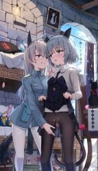 2girls absurdres animal_ears ball_gag black_necktie black_pantyhose blazer blue_hair blush breasts cat_ears cat_girl cat_tail clothes_lift clothes_pull cloud collared_shirt day dildo egg_vibrator eila_ilmatar_juutilainen epaulettes female fox_ears fox_girl fox_tail gag green_eyes grey_hair grin highres indoors jacket liclac lifting_own_clothes long_hair looking_at_another looking_to_the_side mixed-language_commentary multiple_girls necktie object_insertion open_mouth pantyhose pantyhose_pull pleated_skirt pouch purple_eyes pussy sanya_v._litvyak sex_toy shirt skirt skirt_lift sky small_breasts smile standing strike_witches strike_witches:_aurora_no_majo strike_witches:_suomus_misfits_squadron tail teeth vaginal_object_insertion vaginal_penetration very_long_hair vibrator vibrator_under_pantyhose white_pantyhose white_shirt world_witches_series yuri