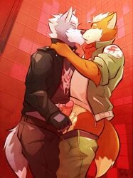 2025 anthro arm_tuft ass belt black_clothing black_shirt black_t-shirt black_topwear bodily_fluids bottomwear bottomwear_down canid canine canis cel_shading cheek_tuft chin_tuft closed_eyes clothed clothing dated digital_media_(artwork) dipstick_tail duo elbow_tuft eyebrows facial_tuft fluffy forearm_muscles fox fox_mccloud frottage fur genital_fluids genitals gloves green_bottomwear green_clothing green_jacket green_pants green_topwear grey_body grey_fur hair hand_on_penis hand_on_shoulder handwear hi_res intimate jacket kerchief kissing leaking_precum leather leather_clothing leather_jacket leather_topwear male male/male mammal markings muscles nintendo open_clothing open_jacket open_topwear pants pants_down partially_clothed penile penis penis_size_difference penises_touching precum print_clothing print_shirt print_t-shirt print_topwear pubes red_kerchief red_lighting sex shaded shirt short_hair star_fox t-shirt tail tail_markings tile tile_wall topwear tuft ventkazemaru wall_(structure) whisker_spots whiskers white_body white_clothing white_eyebrows white_fur white_hair white_shirt white_t-shirt white_topwear wolf wolf_o'donnell yellow_body yellow_fur zipper_jacket