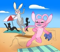 2025 3_toes 4_fingers absurd_res alien angel_(lilo_and_stitch) antennae_(anatomy) antennae_markings anthro beach beach_blanket beach_umbrella belt biped black_eyes blush bodily_fluids canid canine canis chasing chest_markings clothing crossover day digital_drawing_(artwork) digital_media_(artwork) disney domestic_cat domestic_dog duo_focus ear_markings experiment_(lilo_and_stitch) eyebrows eyelashes feet felid feline felis female fingers fur genitals grey_body grey_fur group hi_res holding_clothing holding_object judy_hopps lagomorph leporid lilo_and_stitch long_antennae long_ears looking_at_another mammal markings navel nude open_mouth open_smile outside parasol pink_body pink_fur pink_tongue pucco purple_eyes purple_markings purple_nose purple_tongue rabbit raised_eyebrow running sand_castle sculpture scut_tail short_tail signature silhouette small_tail smile sweat sweatdrop tail toes tongue vulva white_markings zootopia